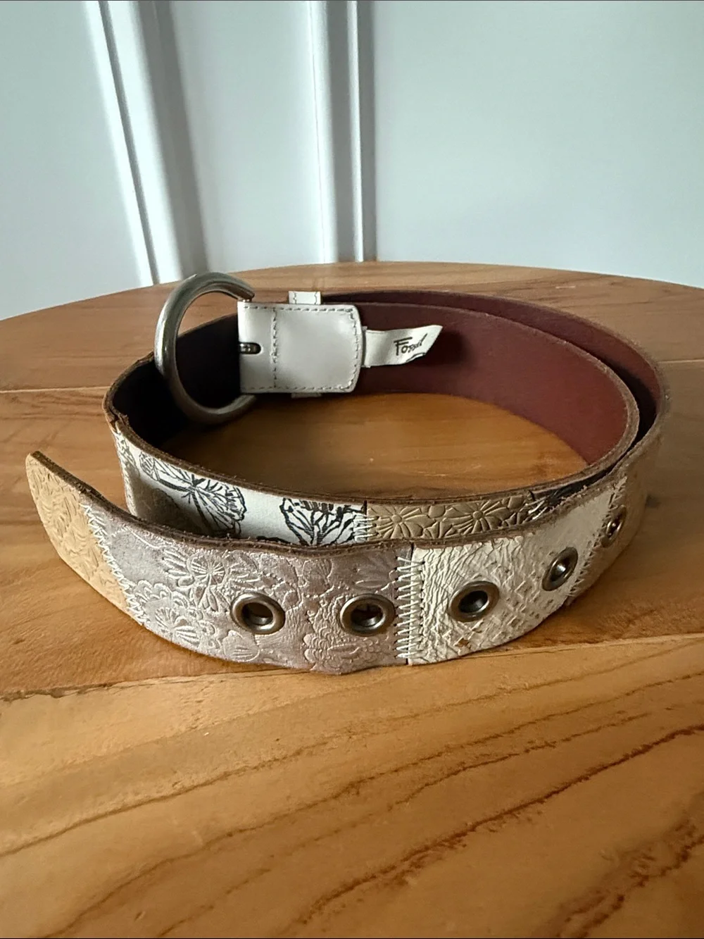 Fossil Patchwork Leather Belt Sz S Small Cream Woven Boho Western Silver Tone